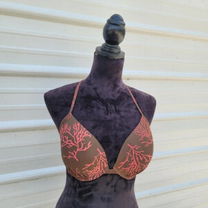 Victoria's Secret Bikini Swim Top Brown Pink Coral Reef Halter Women's sz 36D